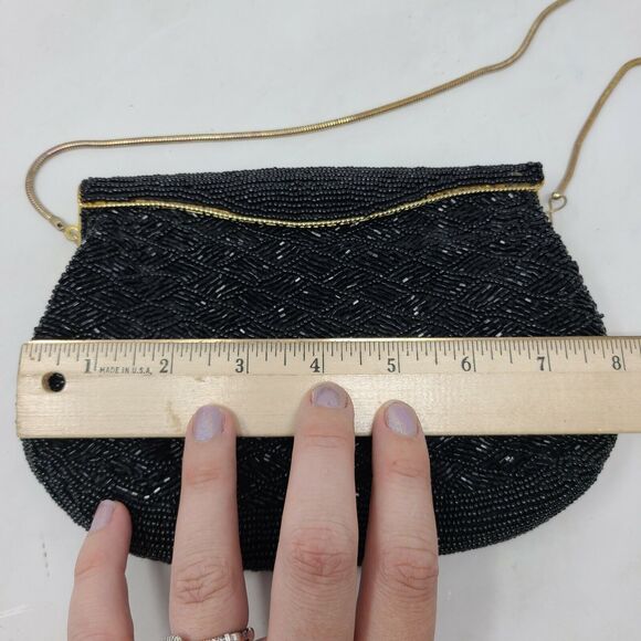 VINTAGE Carla Marchi Black Fully Beaded Clutch Evening Bag Gold Chain Gorgeous - Picture 7 of 8